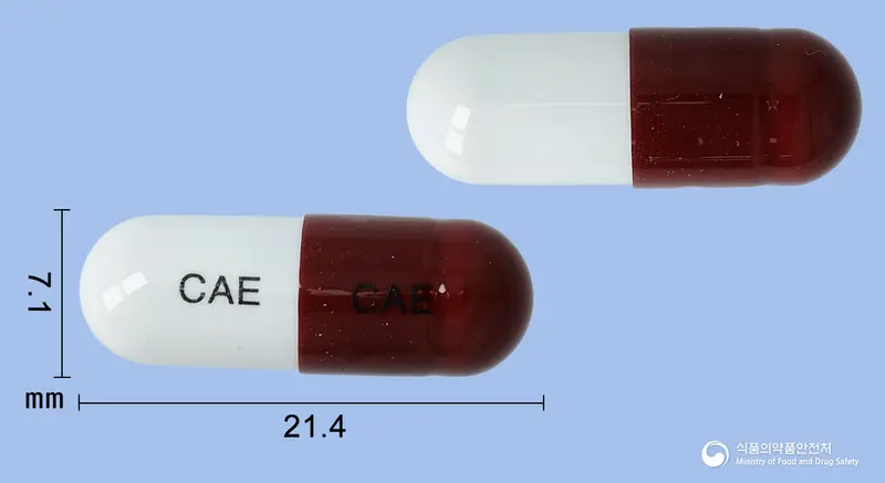 콜콜은교캡슐(은교산) 앞뒤 사진 (갈색 캡슐, 각인 CAE CAE)