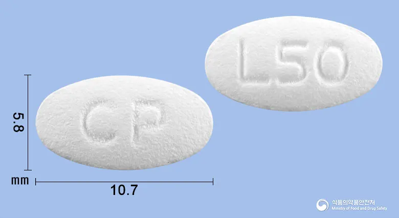 씨엠지로자탄정(로사르탄칼륨) 앞뒤 사진 (흰색 타원형, 각인 CP / L50)