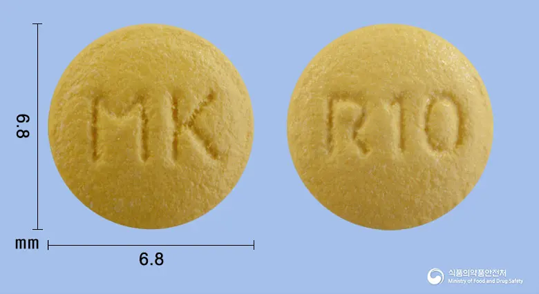 라베움정10밀리그램(라베프라졸나트륨) 앞뒤 사진 (노란색 원형, 각인 MK / R10)