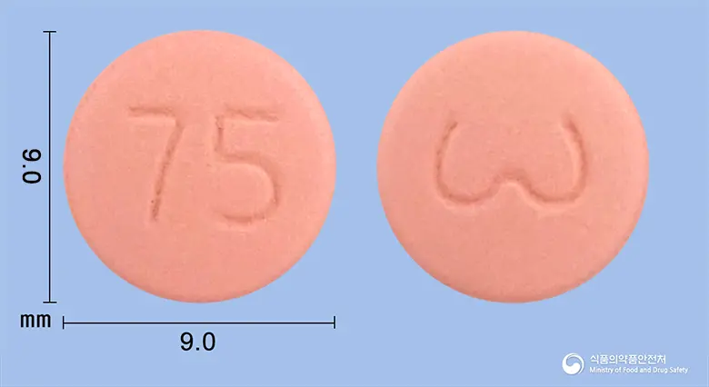 피도그린정75mg(클로피도그렐황산염) 앞뒤 사진 (분홍색 원형, 각인 75)