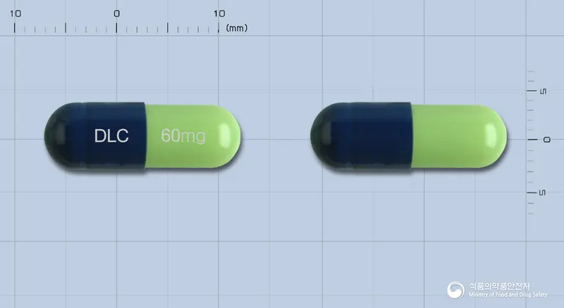 듀로프렉스캡슐60밀리그램(둘록세틴염산염) 앞뒤 사진 (파란색 캡슐, 각인 DLC 60mg)