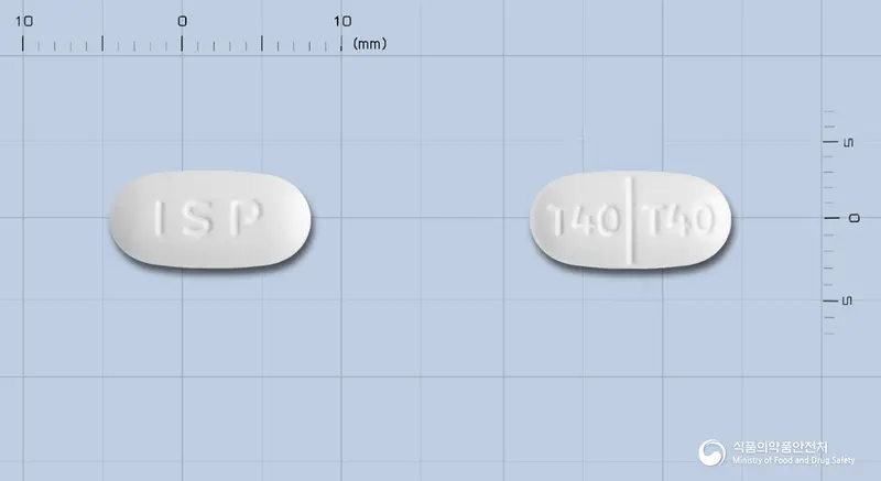 텔미토정40밀리그램(텔미사르탄) 앞뒤 사진 (흰색 타원형, 각인 ISP / T40 T40)