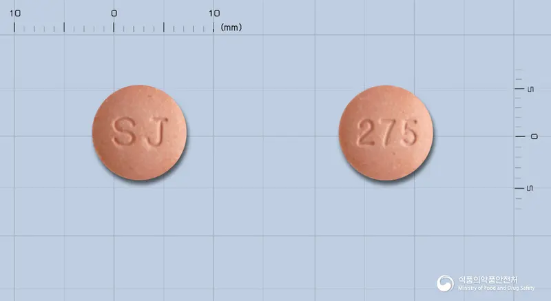 몬테린츄정5밀리그램(몬테루카스트나트륨) 앞뒤 사진 (분홍색 원형, 각인 SJ / 275)
