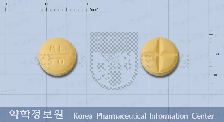 토파씬정(토피라메이트) 앞뒤 사진 (노란색 원형, 각인 ML TO)