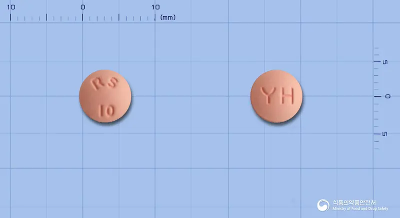 모노로바정10밀리그램(로수바스타틴칼슘) 앞뒤 사진 (분홍색 원형, 각인 RS10 / YH)