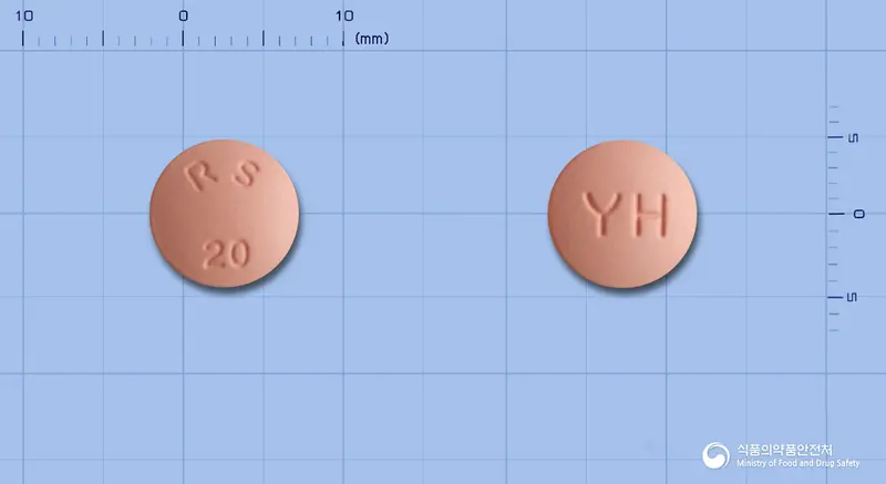 모노로바정20밀리그램(로수바스타틴칼슘) 앞뒤 사진 (분홍색 원형, 각인 RS20 / YH)