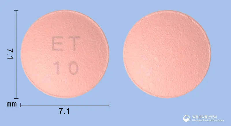이텍스로수바스타틴칼슘정10mg 앞뒤 사진 (분홍색 원형, 각인 ET10)