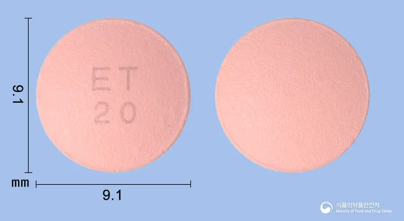이텍스로수바스타틴칼슘정20mg 앞뒤 사진 (분홍색 원형, 각인 ET20)