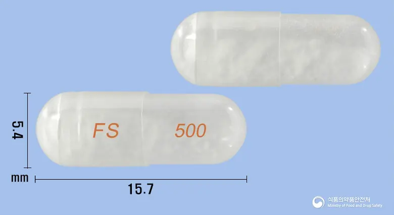플루테롤흡입용캡슐500/50(플루티카손프로피오네이트,살메테롤) 앞뒤 사진 (투명 장방형, 각인 FS 500)