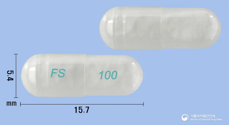 플루테롤흡입용캡슐100/50(플루티카손프로피오네이트,살메테롤) 앞뒤 사진 (투명 장방형, 각인 FS 100)