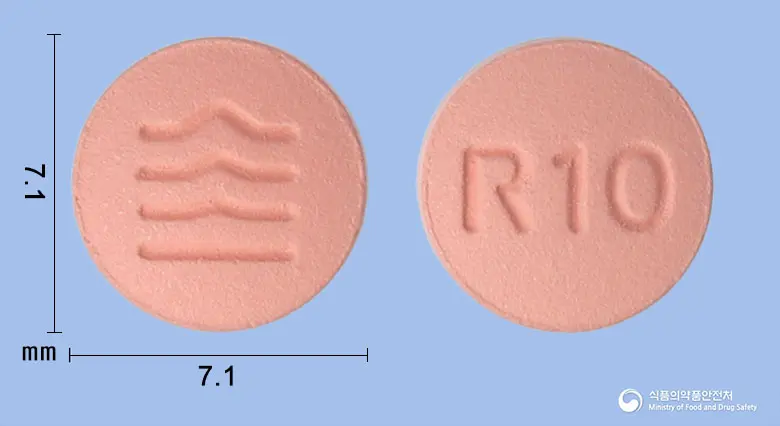 로수넥스정10mg(로수바스타틴칼슘) 앞뒤 사진 (분홍색 원형, 각인 R10)