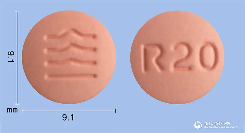 로수넥스정20mg(로수바스타틴칼슘) 앞뒤 사진 (분홍색 원형, 각인 R20)