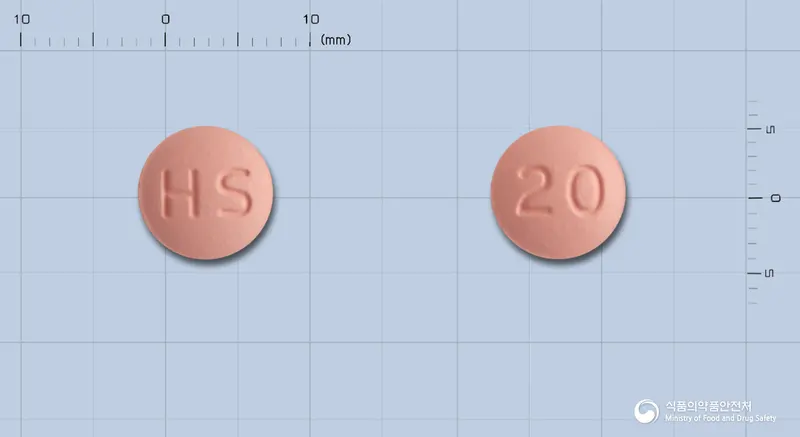 로스톤정20밀리그램(로수바스타틴칼슘) 앞뒤 사진 (분홍색 원형, 각인 HS / 20)