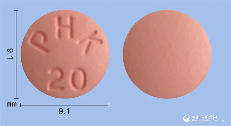로저스틴정20mg(로수바스타틴칼슘) 앞뒤 사진 (분홍색 원형, 각인 PHK20)