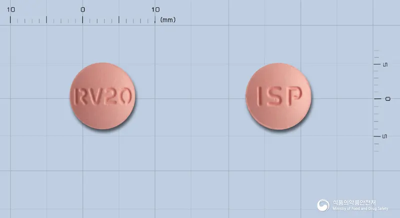 크로스타정20밀리그램(로수바스타틴칼슘) 앞뒤 사진 (분홍색 원형, 각인 RV20 / ISP)