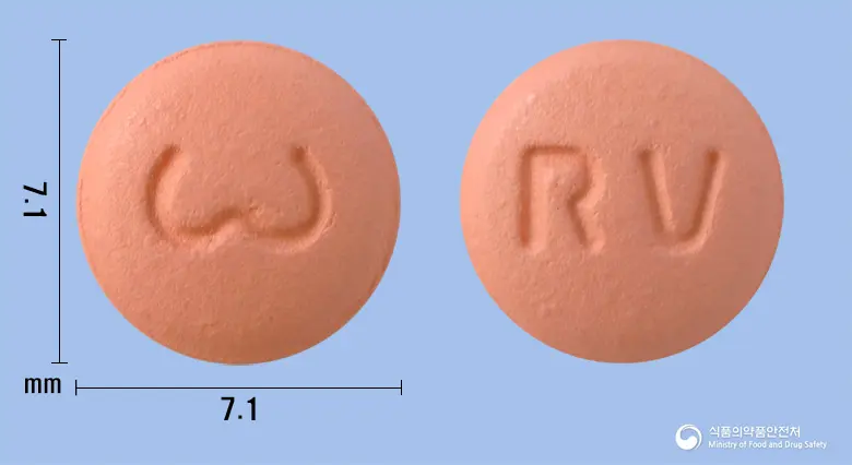 로수브이정10mg(로수바스타틴칼슘) 앞뒤 사진 (분홍색 원형, 각인 RV)