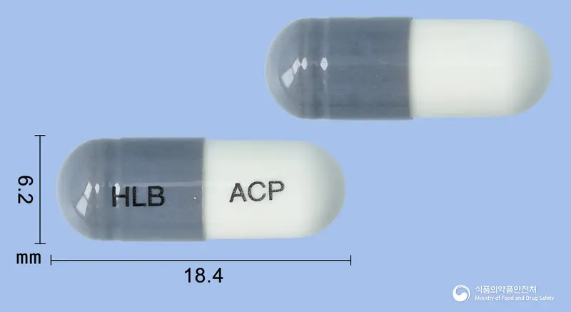 에이브로캡슐(아세브로필린) 앞뒤 사진 (회색 캡슐, 각인 HLB ACP)