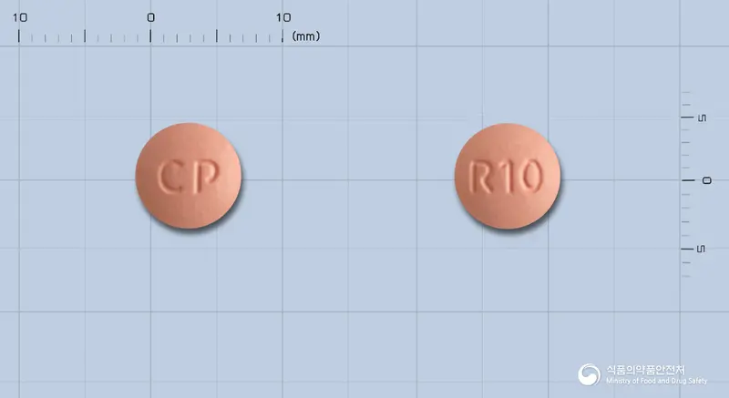 씨엠지로수바스타틴정10mg(로수바스타틴칼슘) 앞뒤 사진 (분홍색 원형, 각인 CP / R10)