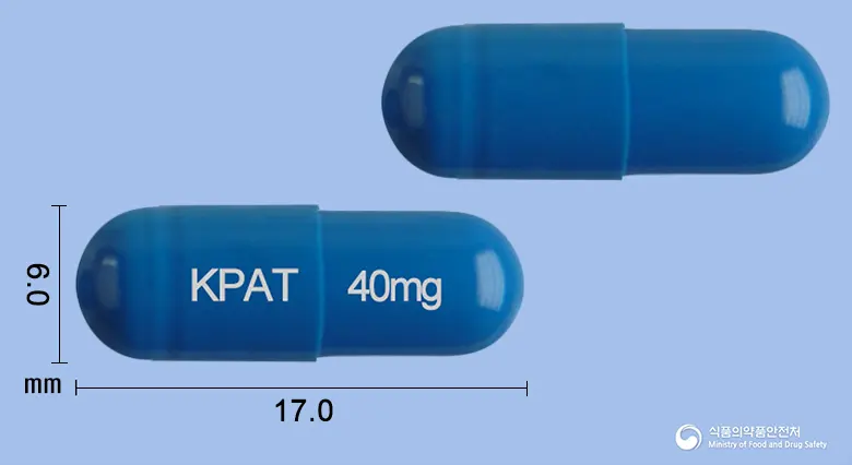 도모틴캡슐40밀리그램(아토목세틴염산염) 앞뒤 사진 (파란색 캡슐, 각인 KPAT 40mg)