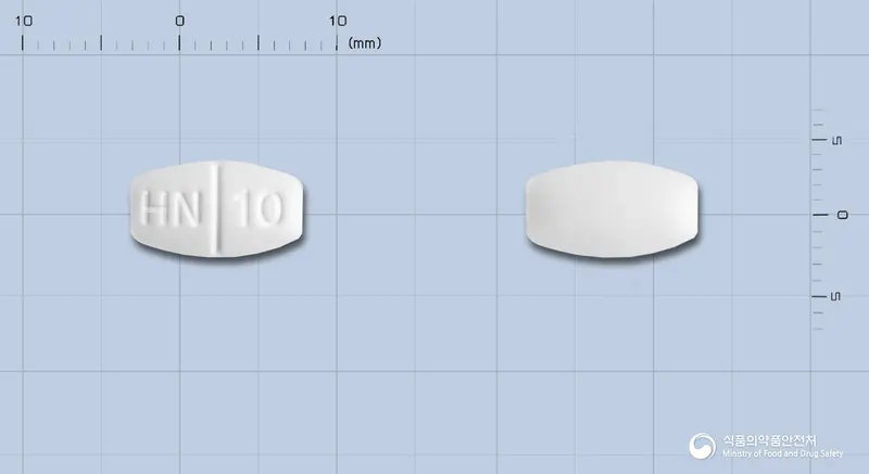 부스원정10mg(부스피론염산염) 앞뒤 사진 (흰색 타원형, 각인 HN 10)