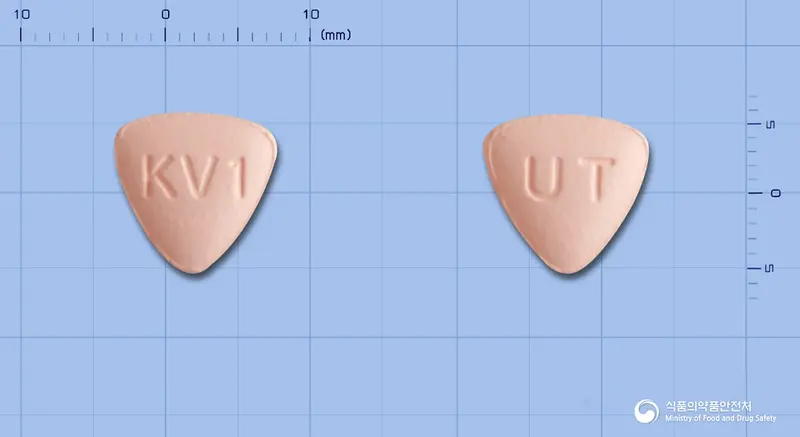 케비란정1밀리그램(엔테카비르) 앞뒤 사진 (분홍색 삼각형, 각인 KV1 / UT)
