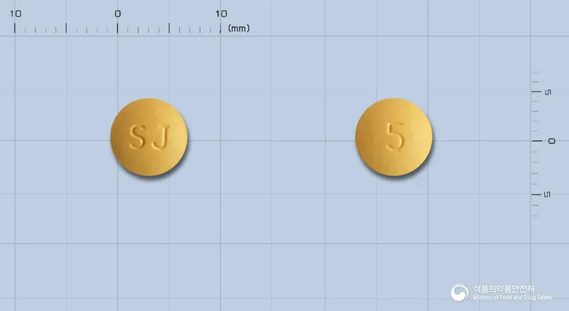 뉴스타틴알정5밀리그램(로수바스타틴칼슘) 앞뒤 사진 (주황색 원형, 각인 SJ / 5)
