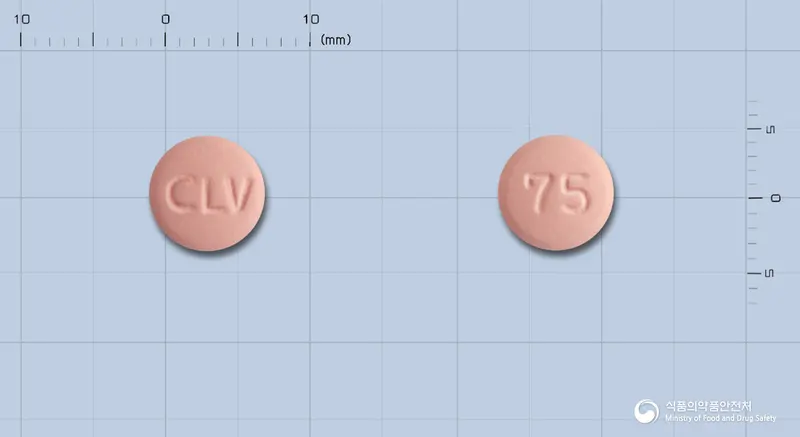 크린빅스정(클로피도그렐황산염) 앞뒤 사진 (분홍색 원형, 각인 CLV / 75)