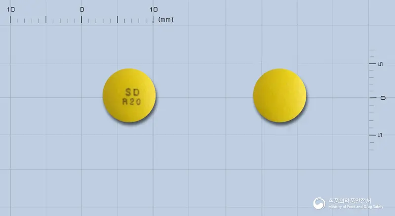라벨라정20mg(라베프라졸나트륨) 앞뒤 사진 (노란색 원형, 각인 SDR20)