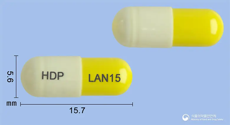 현대란소프라졸캡슐15밀리그램(란소프라졸과립) 앞뒤 사진 (흰색 캡슐, 각인 HDP LAN15)
