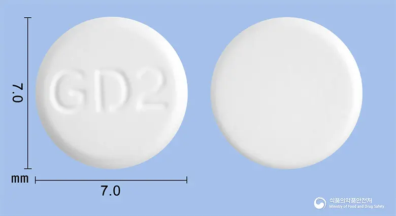 가스라딘정2mg(이르소글라딘말레산염) 앞뒤 사진 (흰색 원형, 각인 GD2)