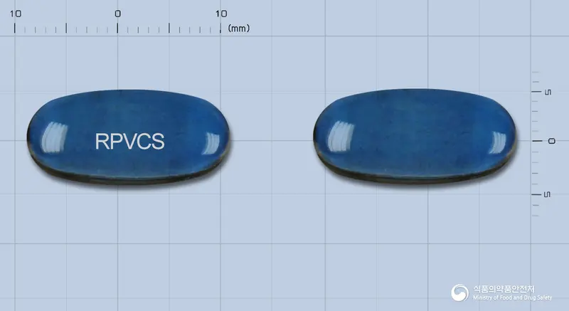 비비코에스연질캡슐 앞뒤 사진 (파란색·투명 캡슐, 각인 RPVCS)