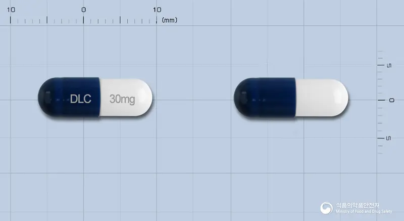 듀로프렉스캡슐30밀리그램(둘록세틴염산염) 앞뒤 사진 (파란색 캡슐, 각인 DLC 30mg)