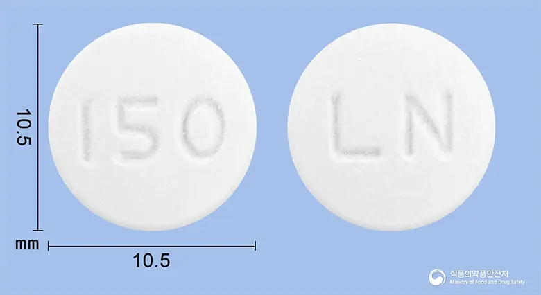 라니스카정150mg(라니티딘염산염) 앞뒤 사진 (흰색 원형, 각인 150 / LN)