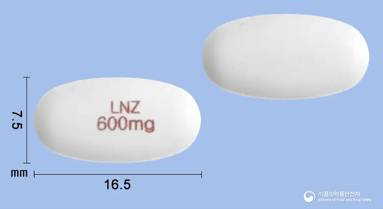 리녹사졸정600밀리그램(리네졸리드) 앞뒤 사진 (흰색 타원형, 각인 LNZ600mg)