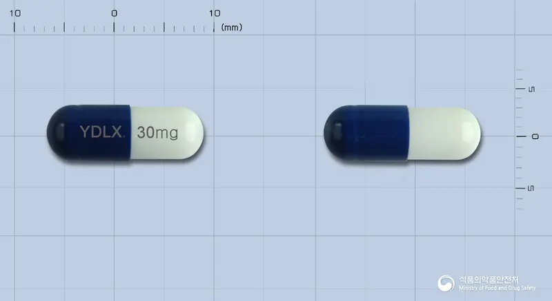 유록틴캡슐30밀리그램(둘록세틴염산염) 앞뒤 사진 (파란색 캡슐, 각인 YDLX 30mg)