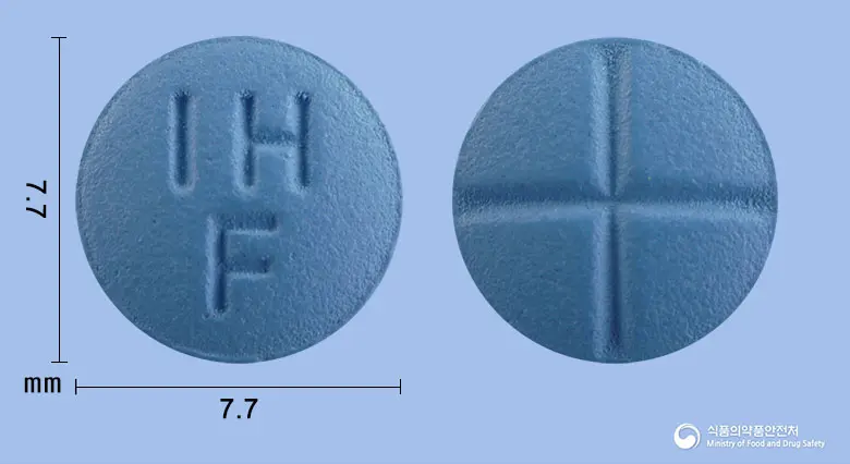 마이피나정(피나스테리드) 앞뒤 사진 (파란색 원형, 각인 IHF)