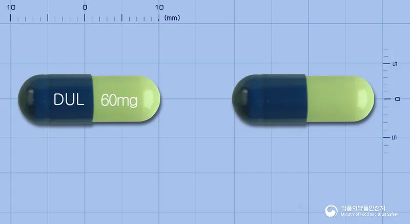 마이셀타캡슐60밀리그램(둘록세틴염산염) 앞뒤 사진 (파란색 캡슐, 각인 DUL 60mg)