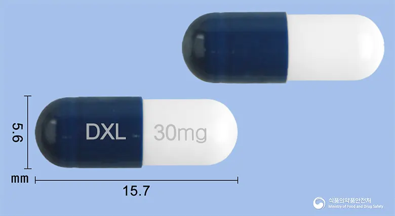 두셀라캡슐30밀리그램(둘록세틴염산염) 앞뒤 사진 (파란색 캡슐, 각인 DXL 30mg)
