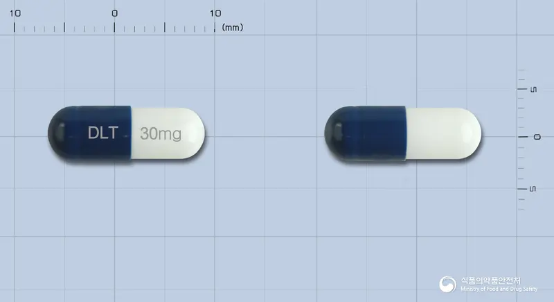 드록틴캡슐30밀리그램(둘록세틴염산염) 앞뒤 사진 (파란색 캡슐, 각인 DLT 30mg)