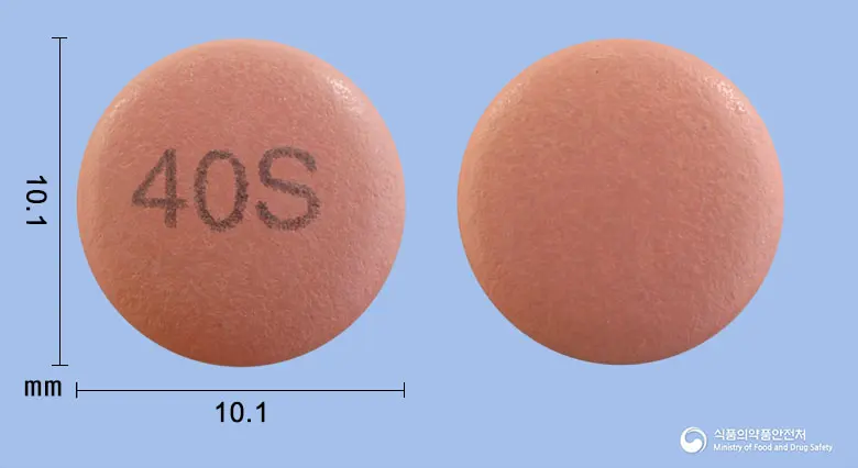 에스원엠프정40mg(에스오메프라졸마그네슘삼수화물) 앞뒤 사진 (분홍색 원형, 각인 40S)