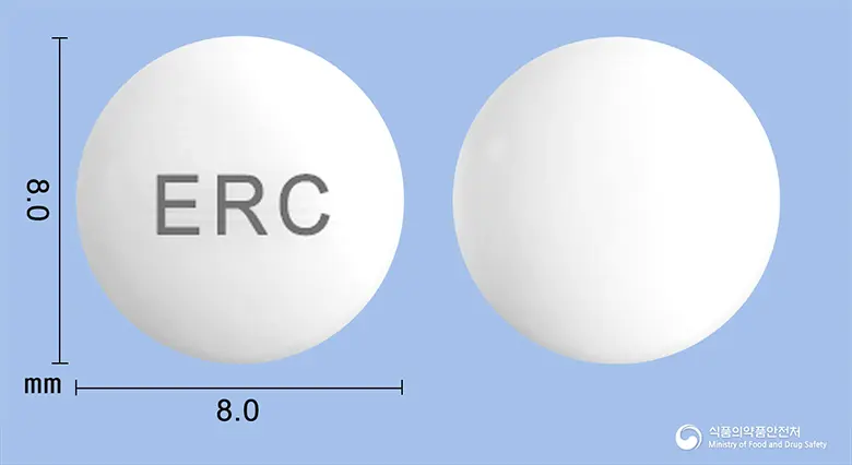 에릭신정(에페리손염산염) 앞뒤 사진 (흰색 원형, 각인 ERC)
