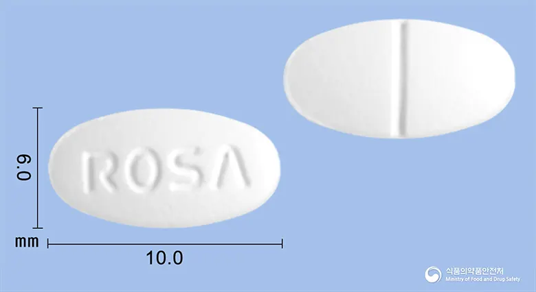 메디로사정(로사르탄칼륨) 앞뒤 사진 (흰색 타원형, 각인 ROSΛ)