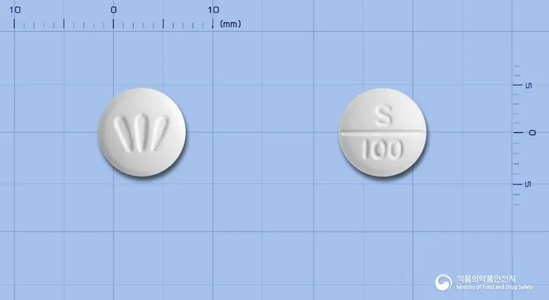 사포그렐정(사르포그렐레이트염산염) 앞뒤 사진 (흰색 원형, 각인 S 100)