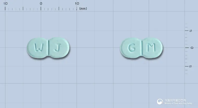 글리올정4mg(글리메피리드) 앞뒤 사진 (파란색 기타, 각인 W J / G M)