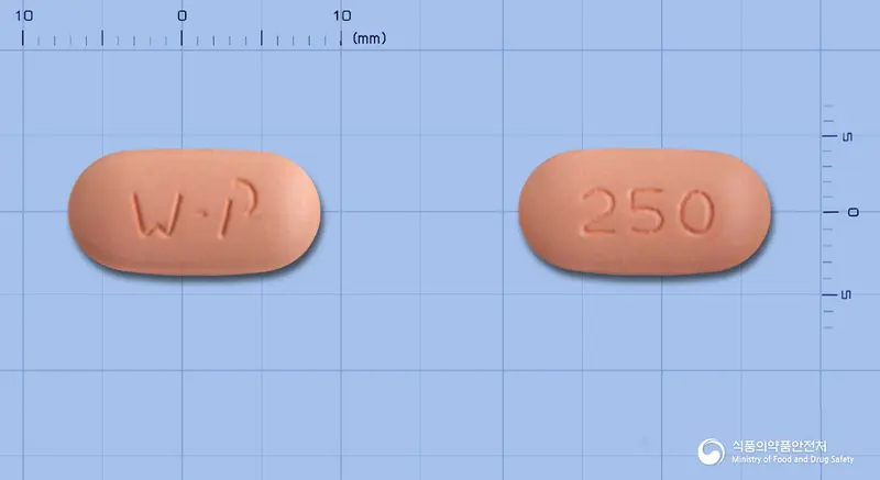 하이록신정250mg(레보플록사신수화물) 앞뒤 사진 (분홍색 타원형, 각인 250)