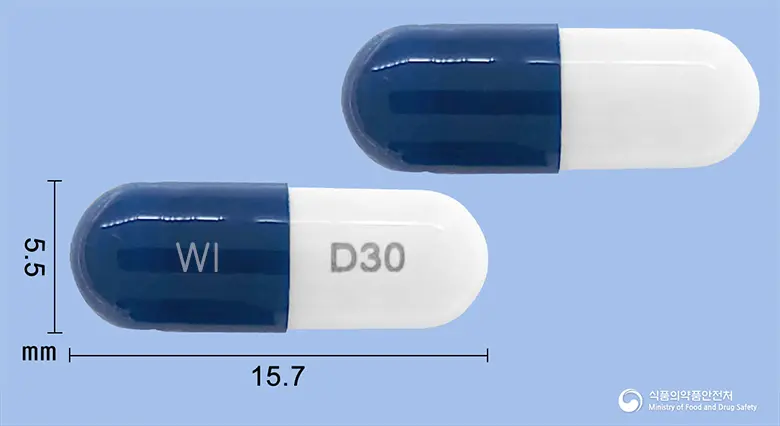 듀로셉톨캡슐30밀리그램(둘록세틴염산염) 앞뒤 사진 (파란색 캡슐, 각인 WI D30)
