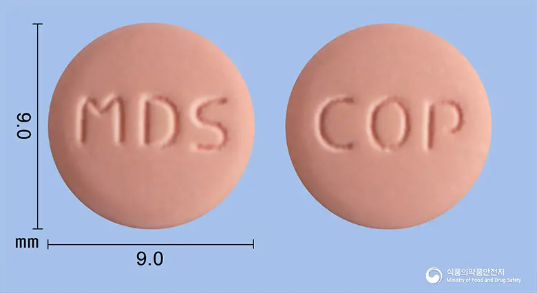 클피도정(클로피도그렐황산염) 앞뒤 사진 (분홍색 원형, 각인 MDS / COP)