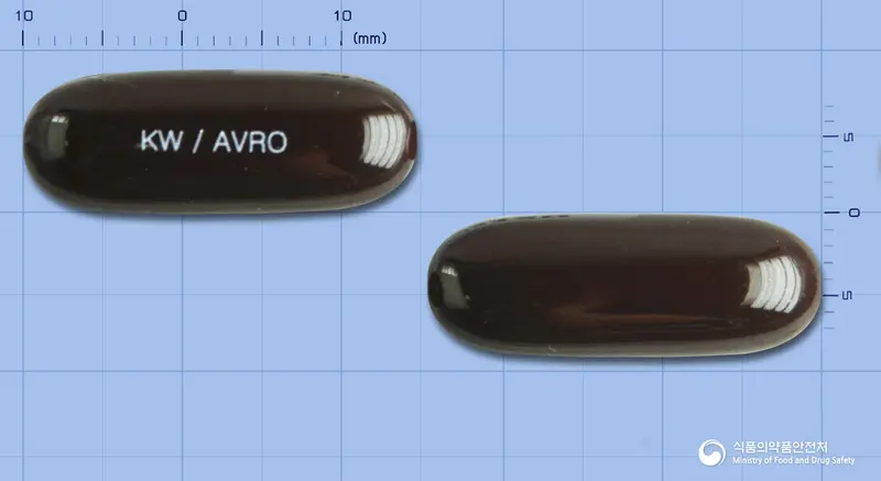 알보케어본300연질캡슐 앞뒤 사진 (갈색 캡슐, 각인 KW/AVRO)