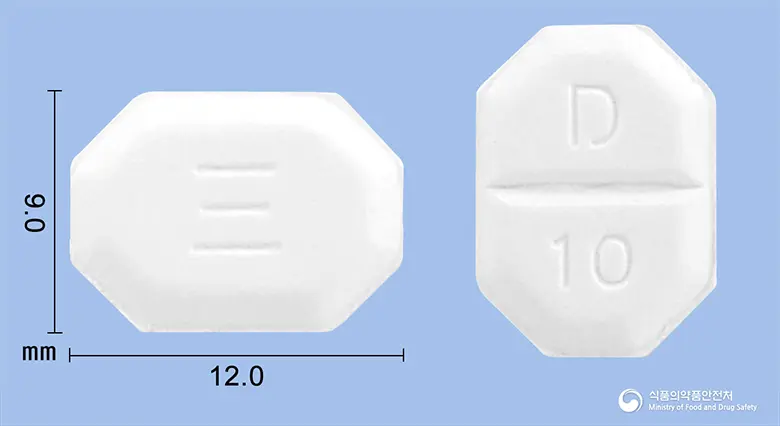 디로바정10mg(암로디핀베실산염) 앞뒤 사진 (흰색 팔각형, 각인 D 10)