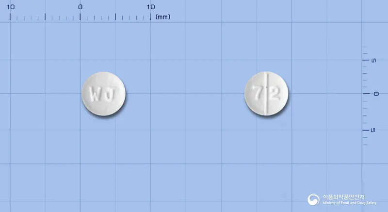 토피렉스정25밀리그램(토피라메이트) 앞뒤 사진 (흰색 원형, 각인 WJ / 7 2)